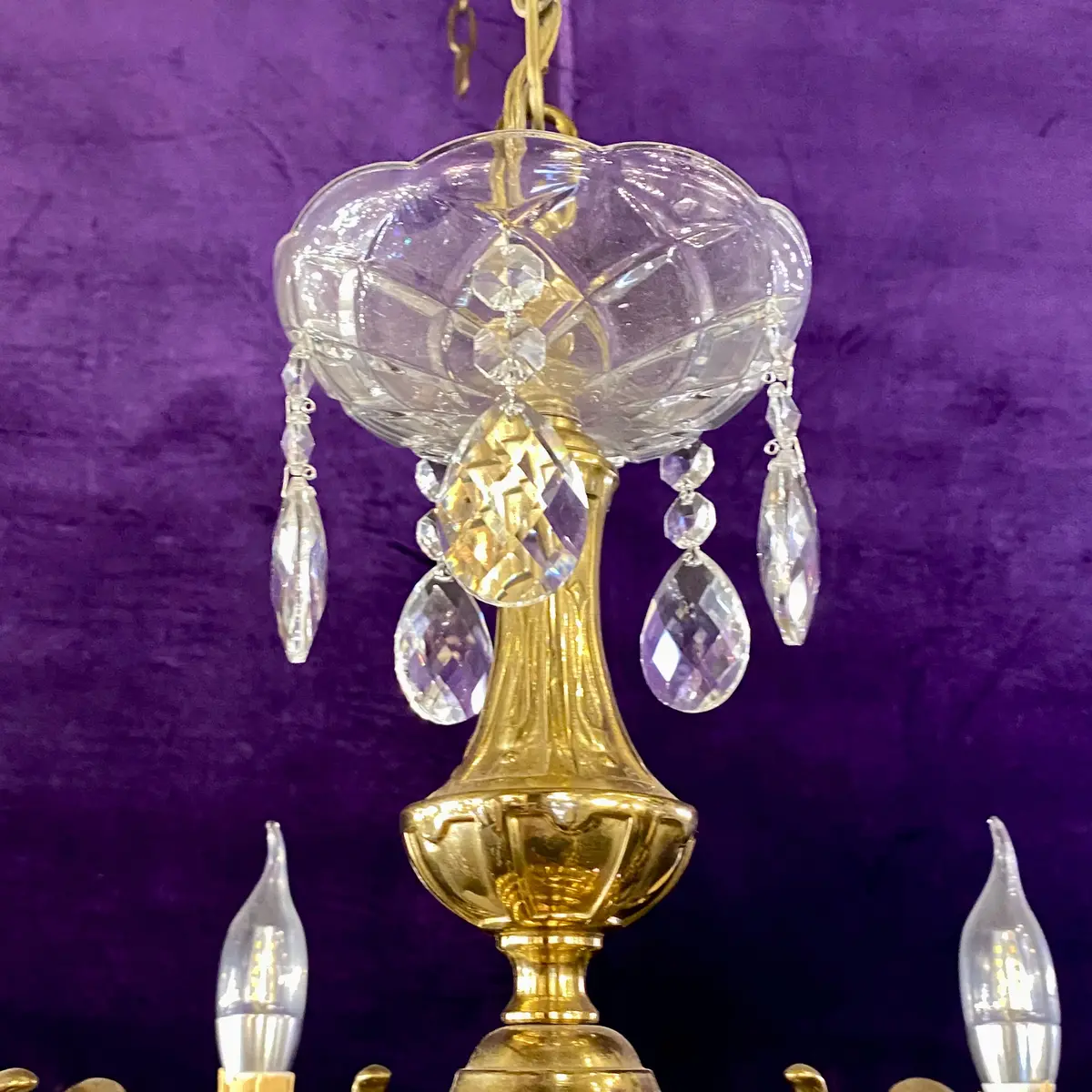 Antique French Brass Chandelier With Tear Drop Crystal - Sold 2