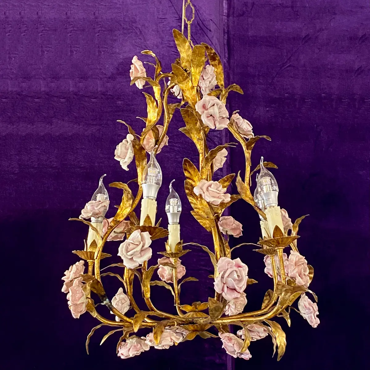 Vintage Italian Gilt Metal Chandelier With Pretty Ceramic Flowers - Sold 1