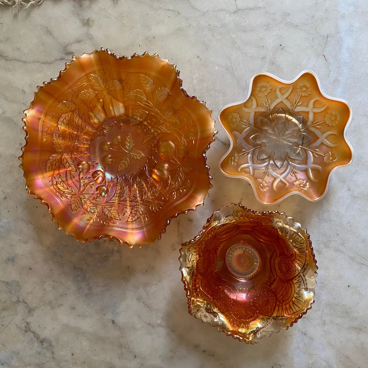 Set Of Orange Carnival Glass Dishes - Sold 1