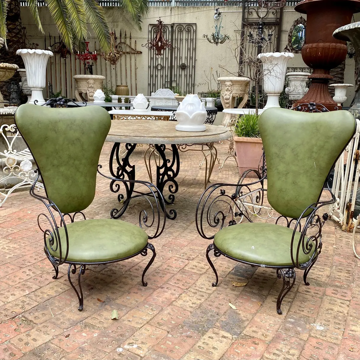Wrought Iron Armchairs With Olive Green Upholstery - Sold 2