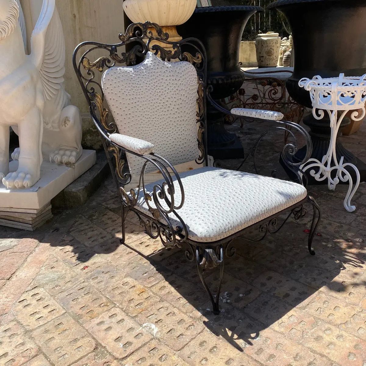 Wrought Iron Armchair With Faux Ostrich Upholstery - Sold 1