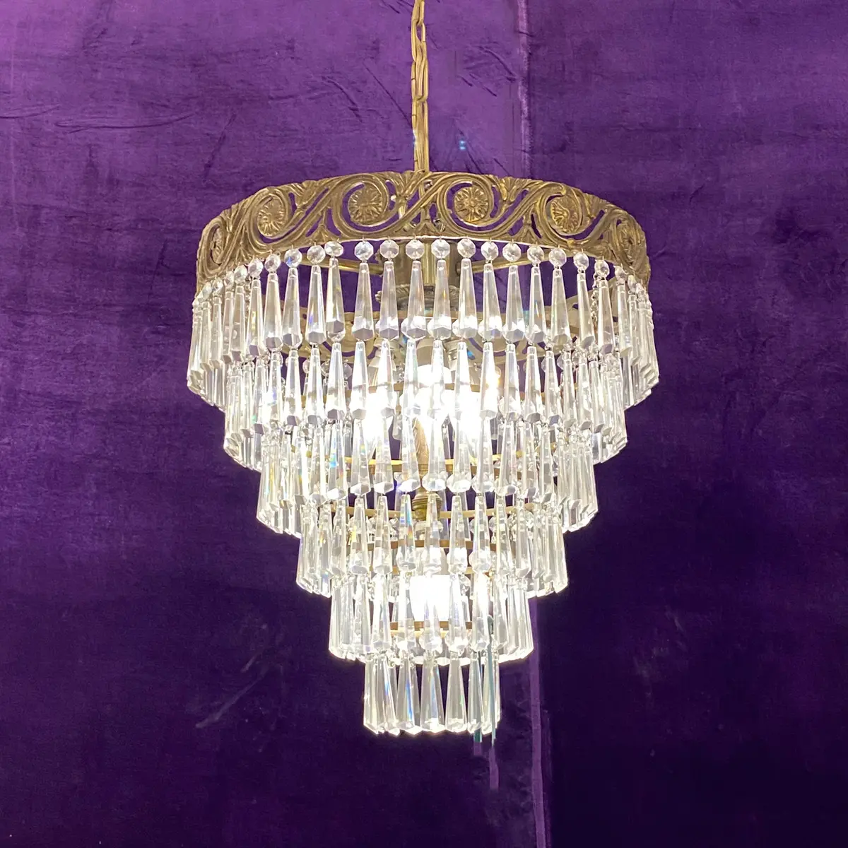 Aged Brass And Crystal Waterfall Chandelier - Sold 1