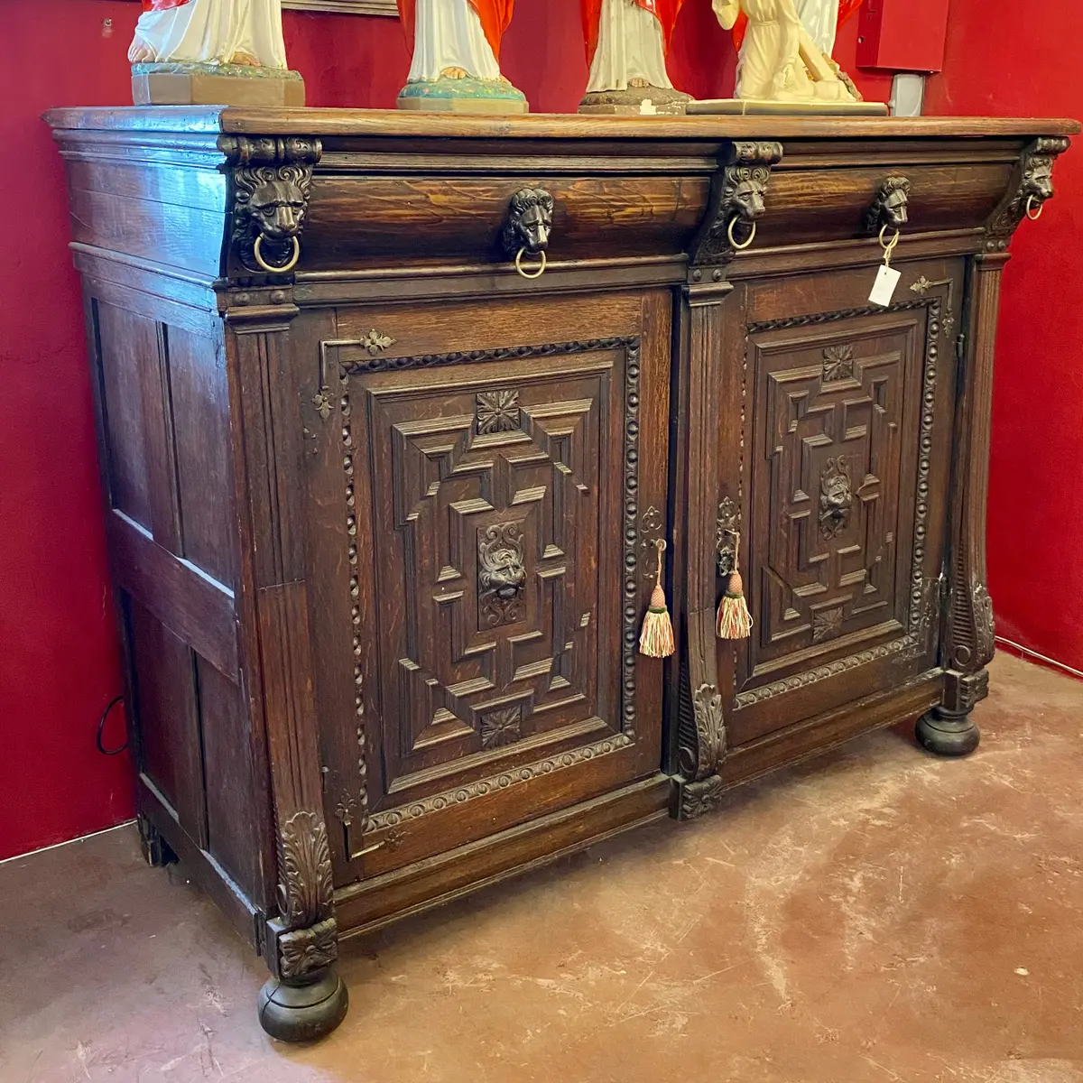 Antique French Oak Cabinet With Lion's Face Details 1