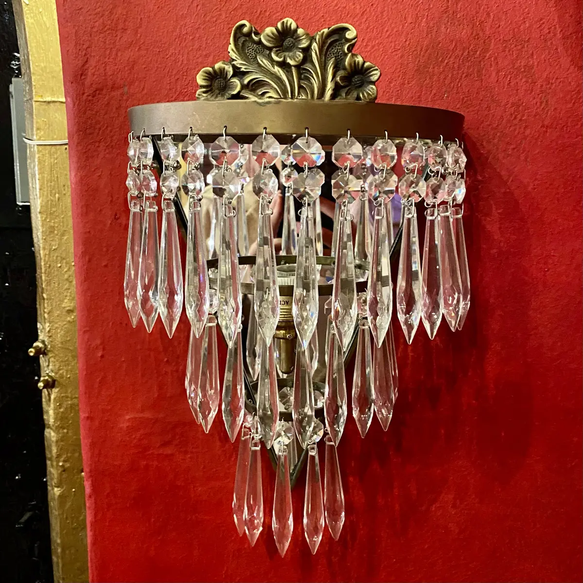 Gorgeous Aged Brass & Crystal Waterfall Sconce - Sold 1