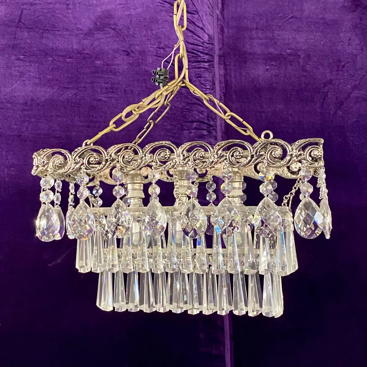 Rectangular Aged Nickel & Crystal Waterfall Chandelier - Sold 1