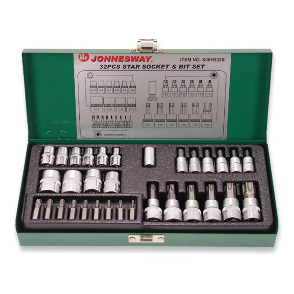 Jonnesway 32 Piece Star Socket Tamperproof Bit Set 1/4″ & 3/8" Drive Tools 1