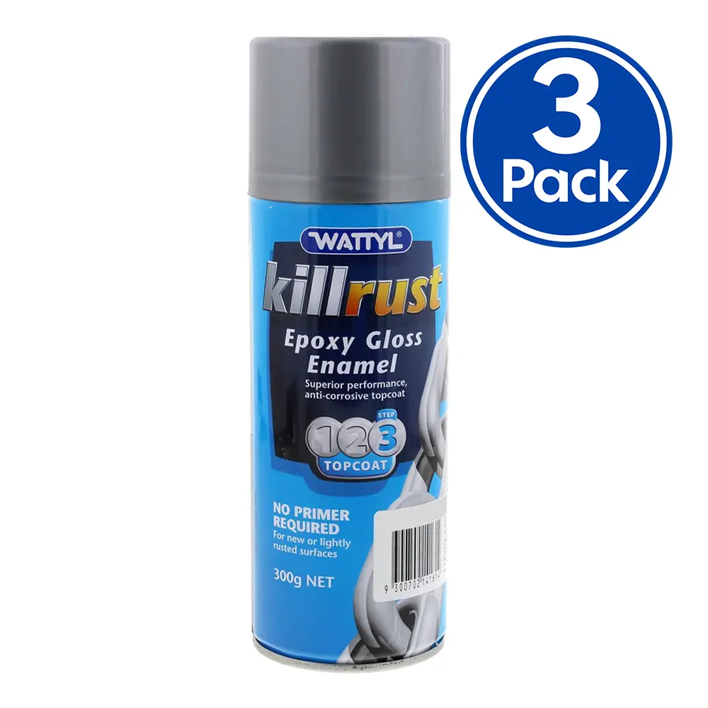 Wattyl Killrust Epoxy Gloss Enamel Spray Paint Silver Aluminium 300G Aerosol X 3 Pack 1