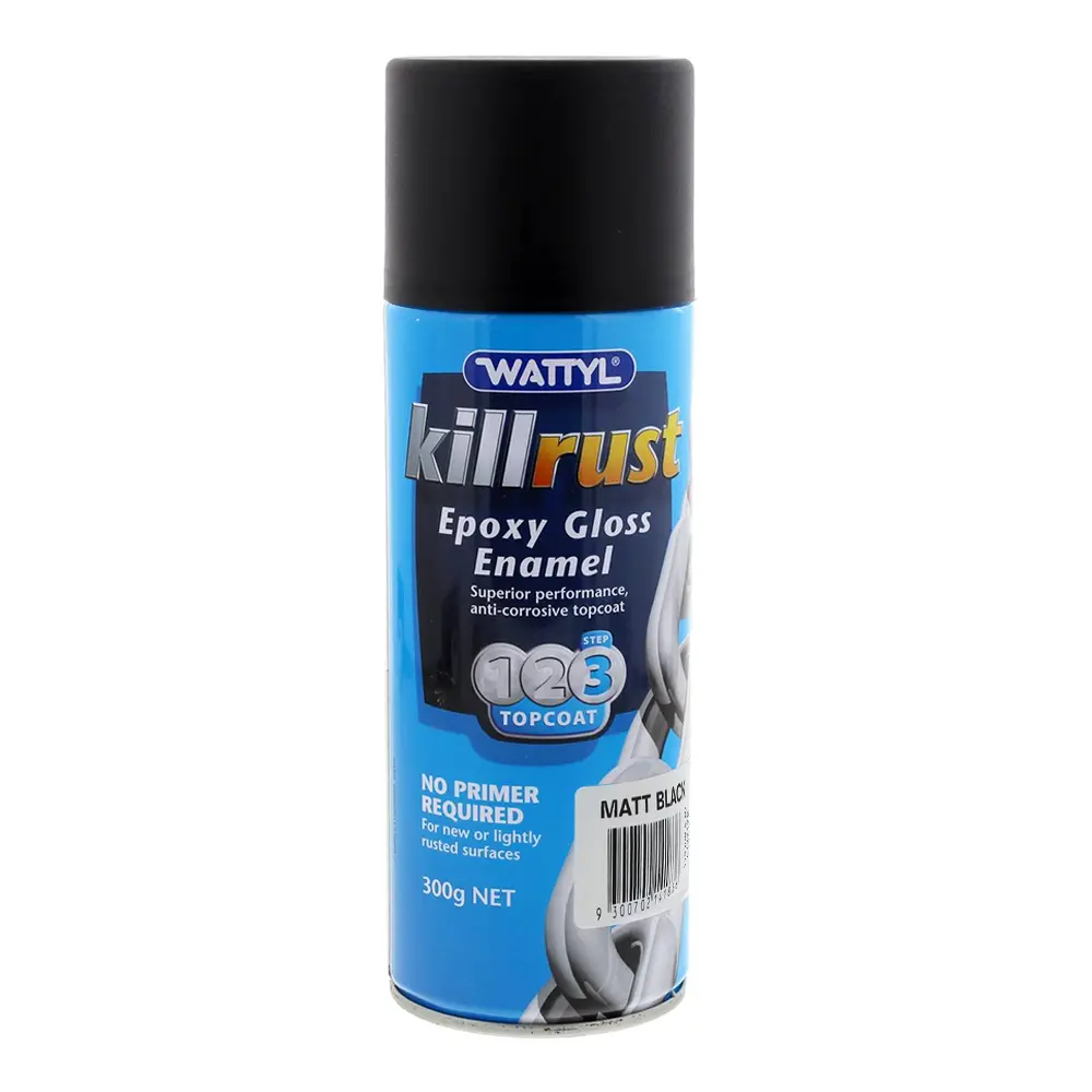 Wattyl Killrust Epoxy Enamel Spray Paint Matt Black 300G Aerosol Metal Protection 1