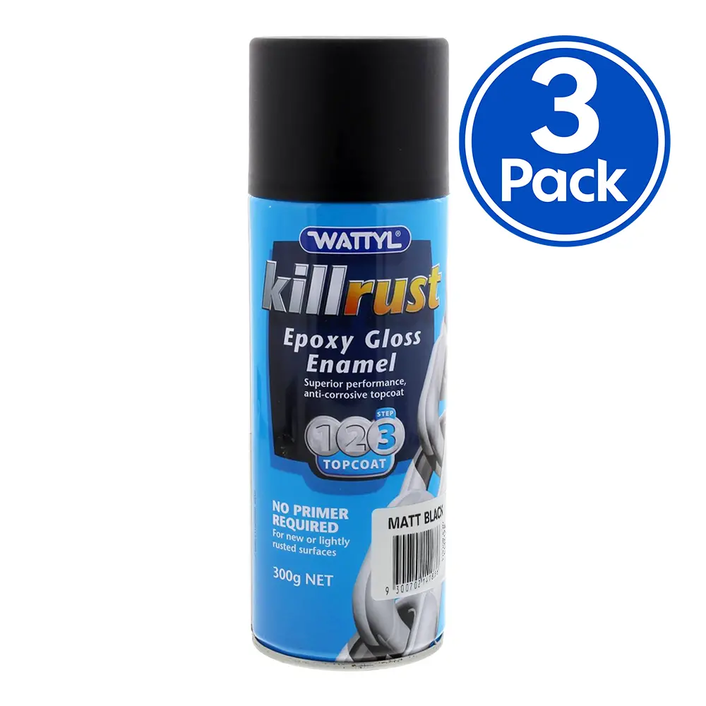 Wattyl Killrust Epoxy Enamel Spray Paint Matt Black 300G Aerosol Metal X 3 Pack 1