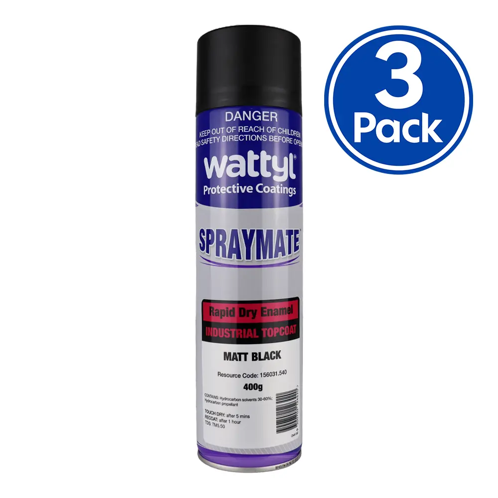 Wattyl Spraymate Industrial Quick Dry 1K Enamel Topcoat 400G Aerosol Matt Black X 3 Pack 1