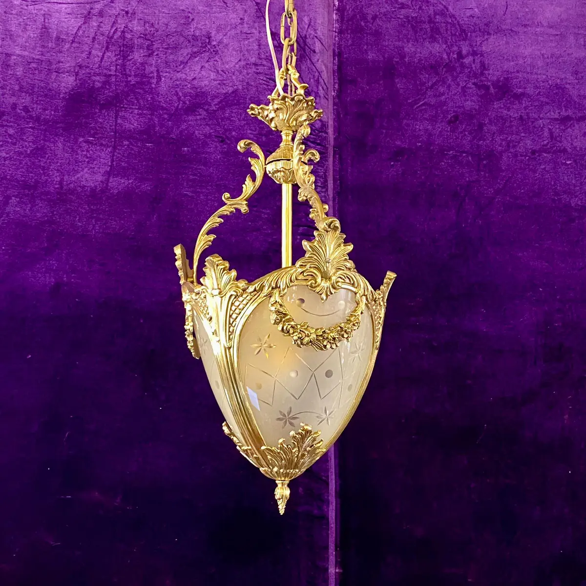 Antique Cast Brass Lantern With Etched Frosted Glass - Sold 1