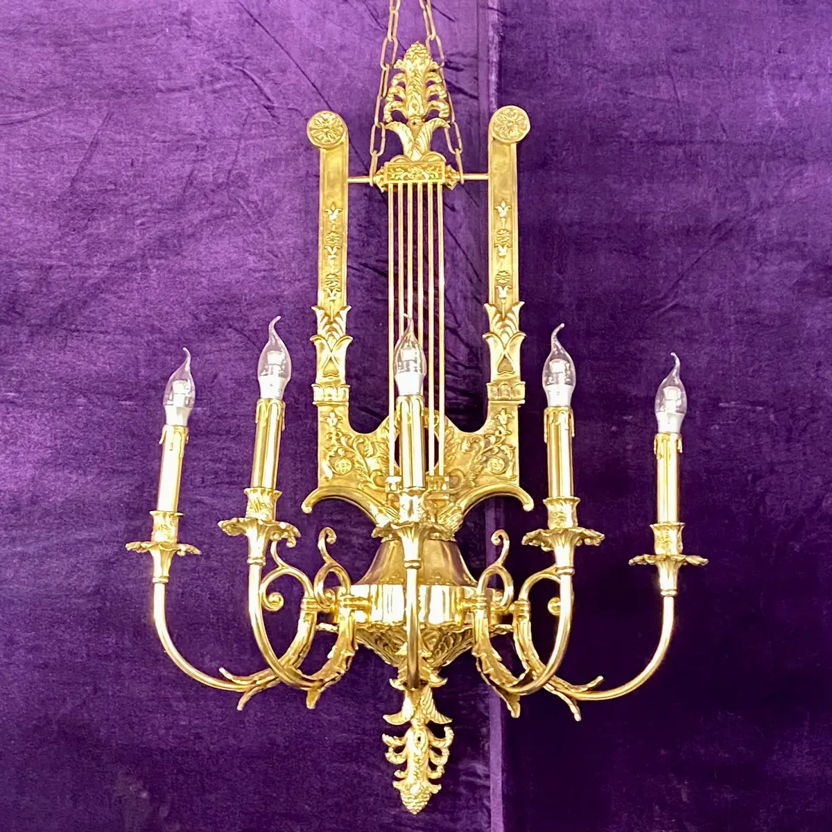 Unusual Heavy Cast Brass Harp Wall Candelabras - Sold 1