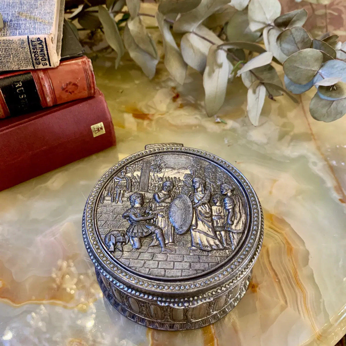 Vintage Metal Trinket Box With Embossed Roman Scene - Sold 1