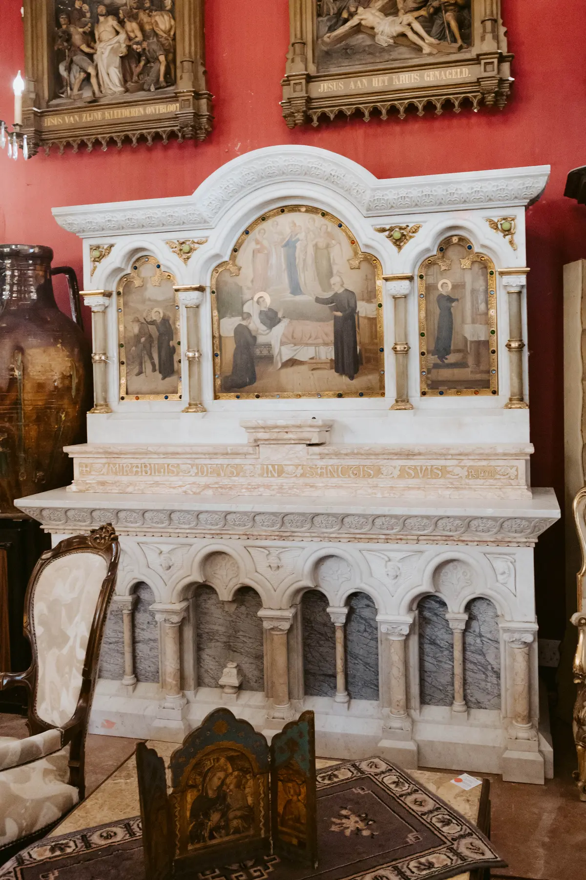 Antique Marble Church Altar With Painted Panels, Belgium, Late 19Th Century 1