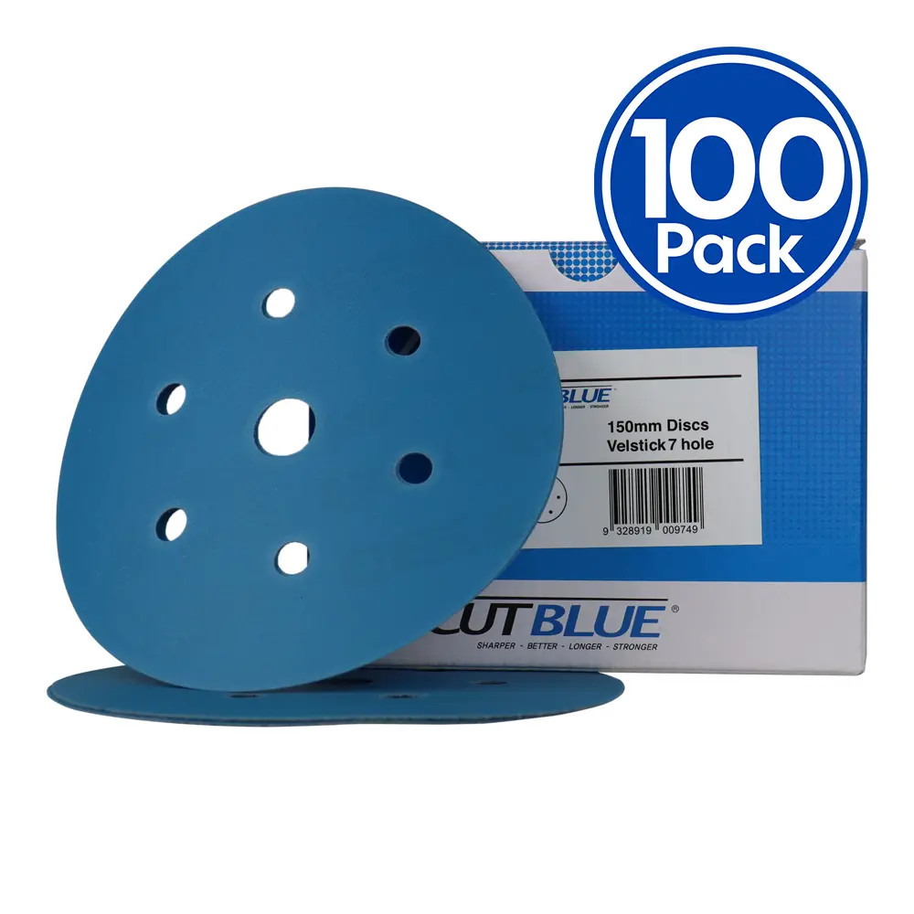 Revcut Blue Sanding Paper Grit P80 150Mm Hook & Loop 7Hole 100 Film Discs Wet/Dry 1