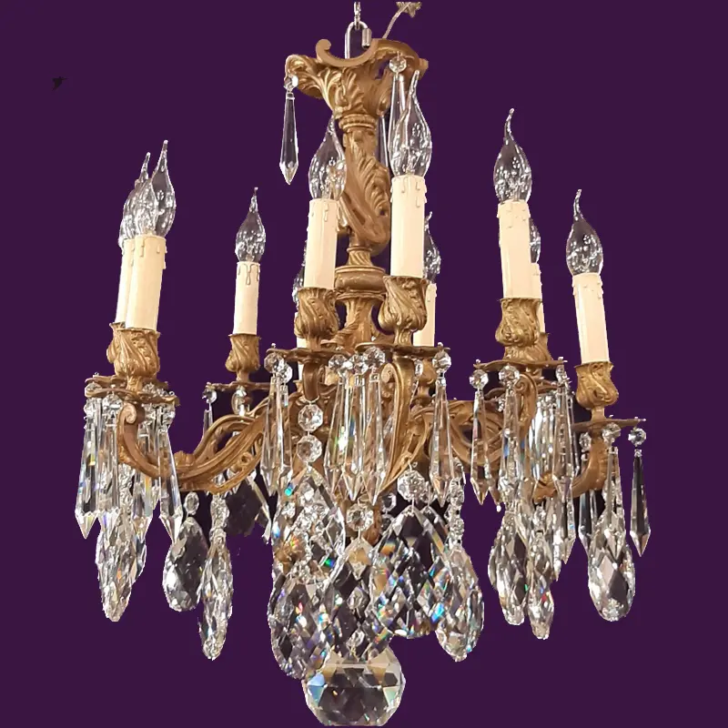 An Antique Gilt Bronze Chandelier With Large Teardrop Crystals - Sold 1