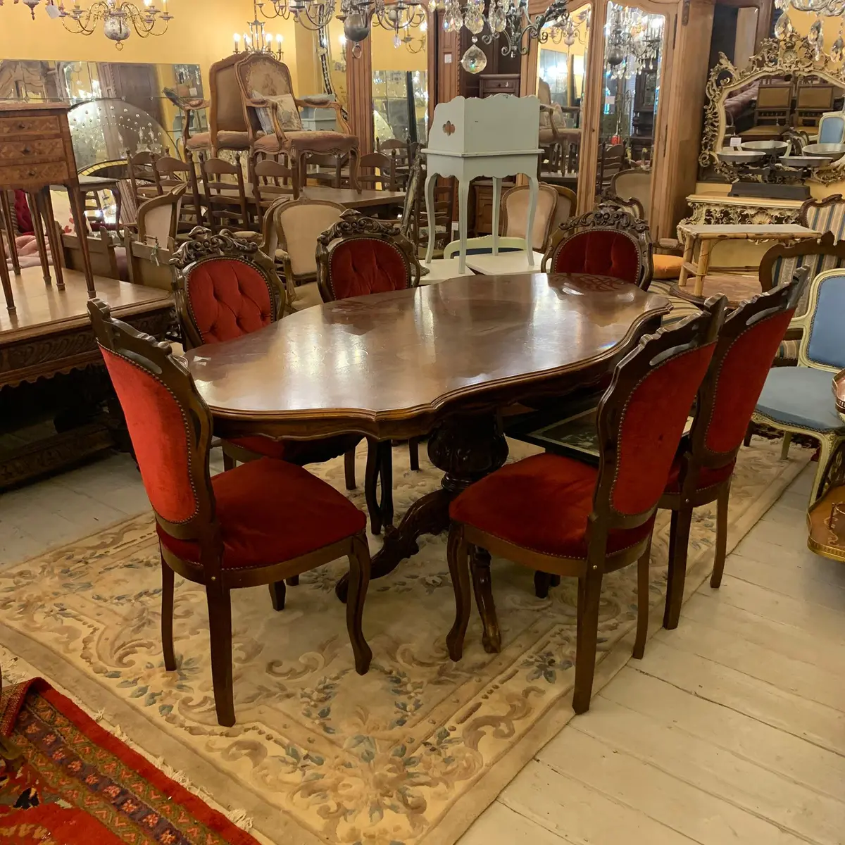 Antique Dining Set With Vibrant Red Upholstery - Sold 1