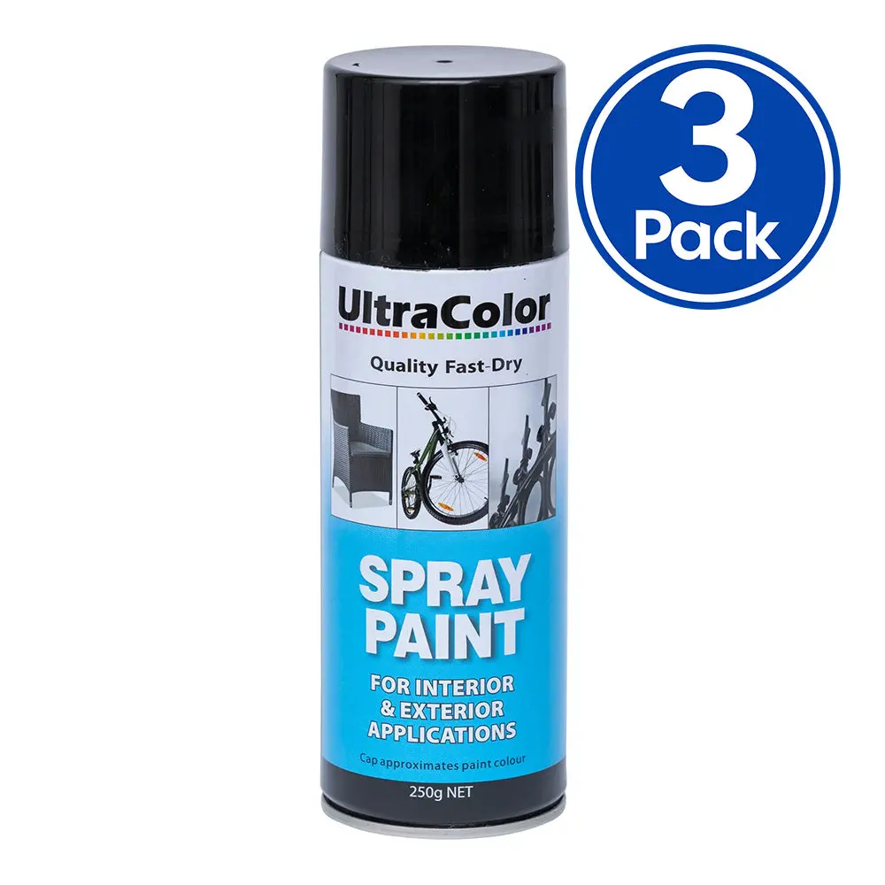 Ultracolor Spray Paint Fast Drying Interior Exterior 250G Black Gloss X 3 Cans 1