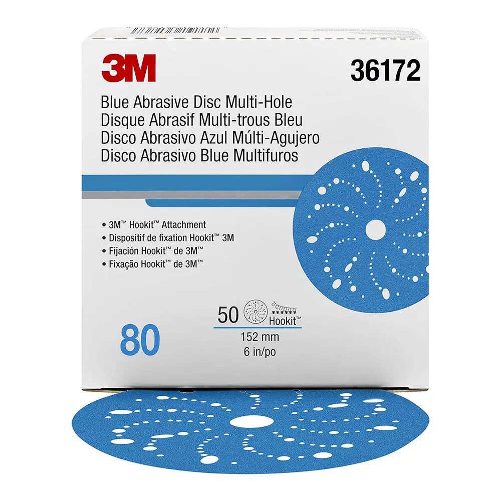 3M 36172 Hookit Blue Sandpaper Disc Multihole 150Mm 80 Grit X 50 Pack Box 1