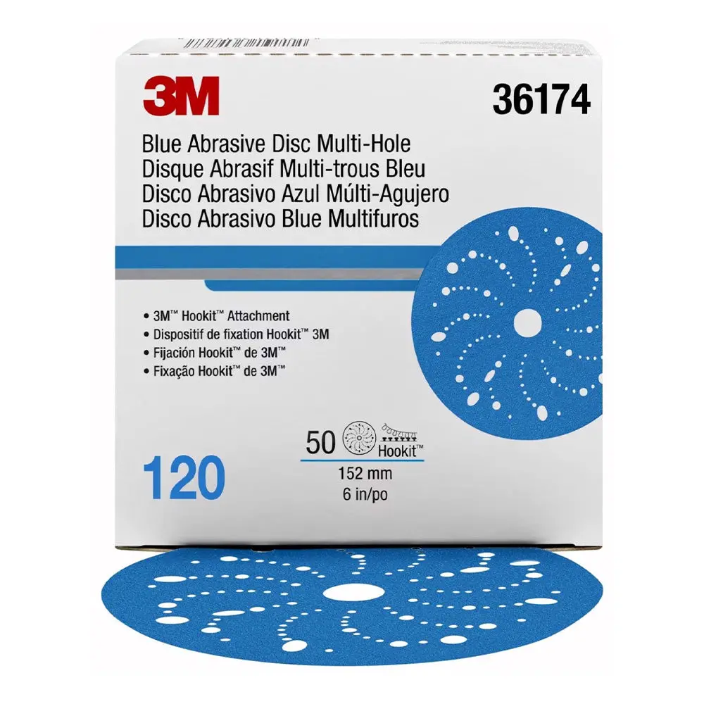 3M 36174 Hookit Blue Sandpaper Disc Multihole 150Mm 120 Grit X 50 Pack Box 1