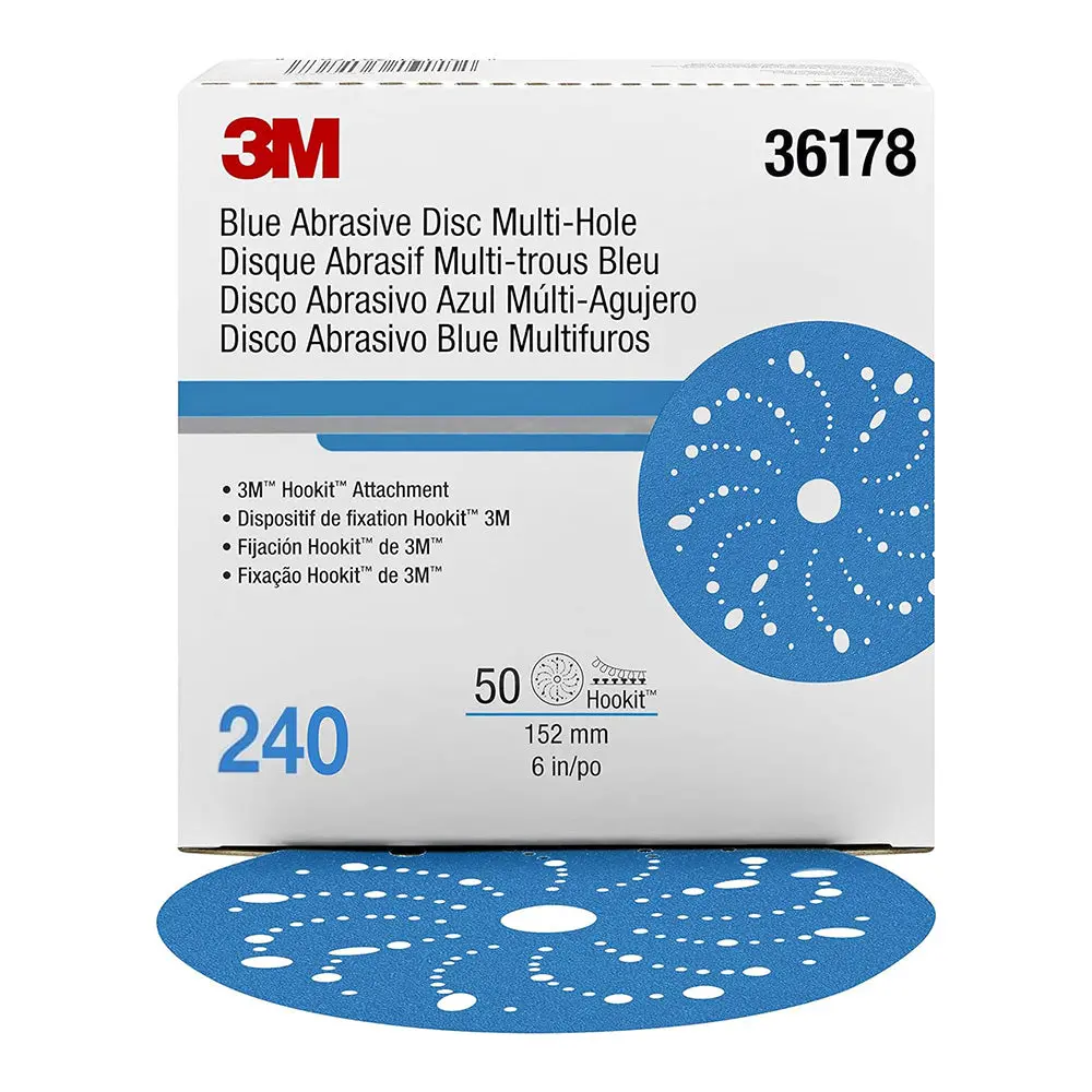 3M 36178 Hookit Blue Sandpaper Disc Multihole 150Mm 240 Grit X 50 Pack Box 1
