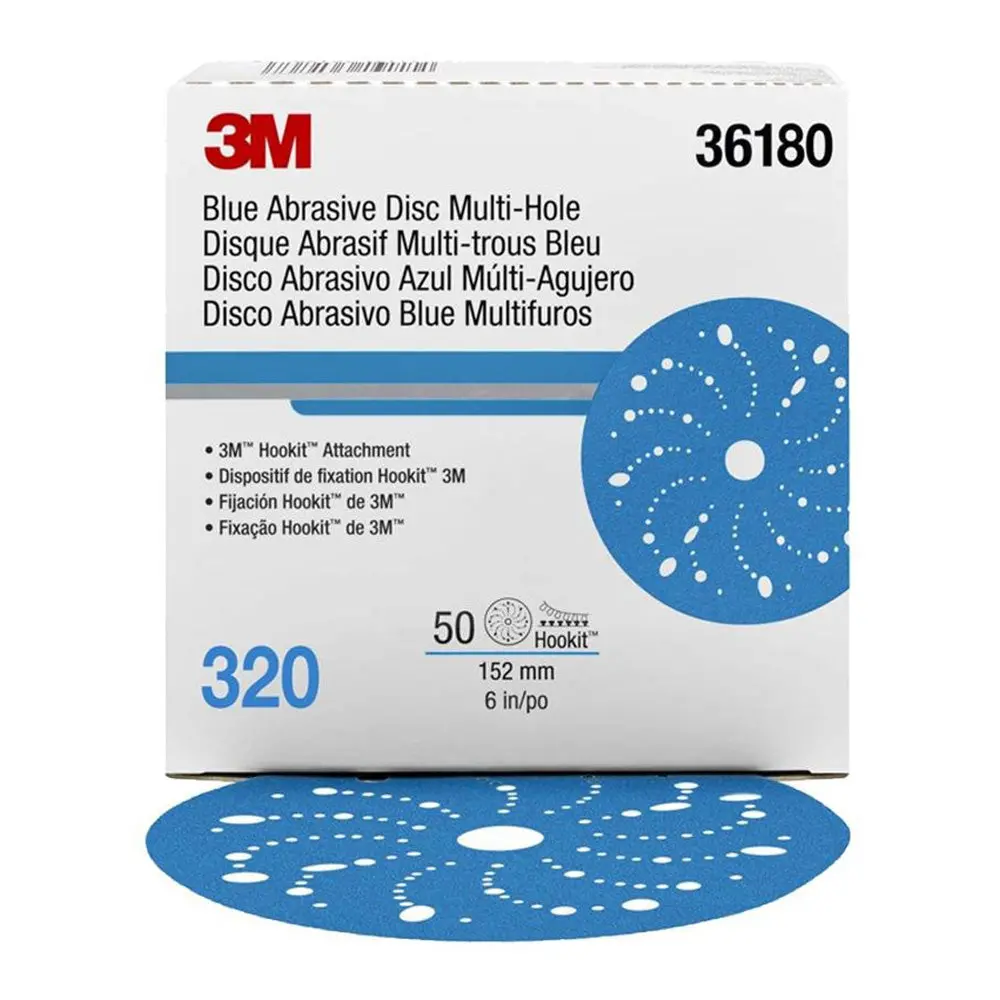 3M 36180 Hookit Blue Sandpaper Disc Multihole 150Mm 320 Grit X 50 Pack Box 1