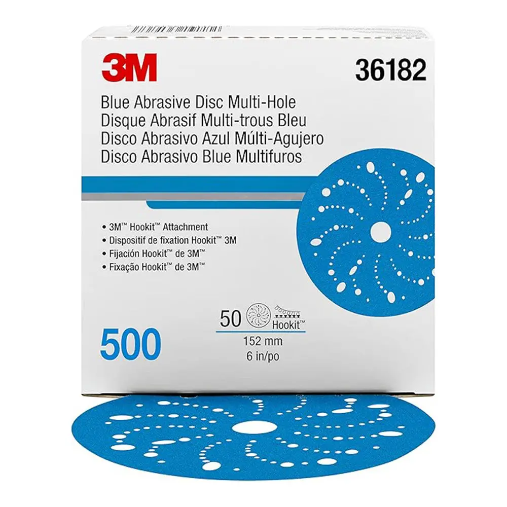 3M 36182 Hookit Blue Sandpaper Disc Multihole 150Mm 500 Grit X 50 Pack Box 1