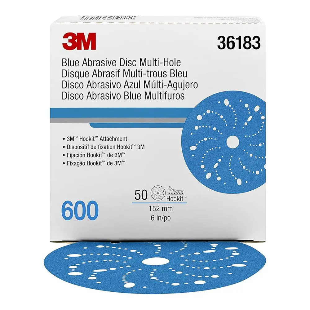 3M 36183 Hookit Blue Sandpaper Disc Multihole 150Mm 600 Grit X 50 Pack Box 1