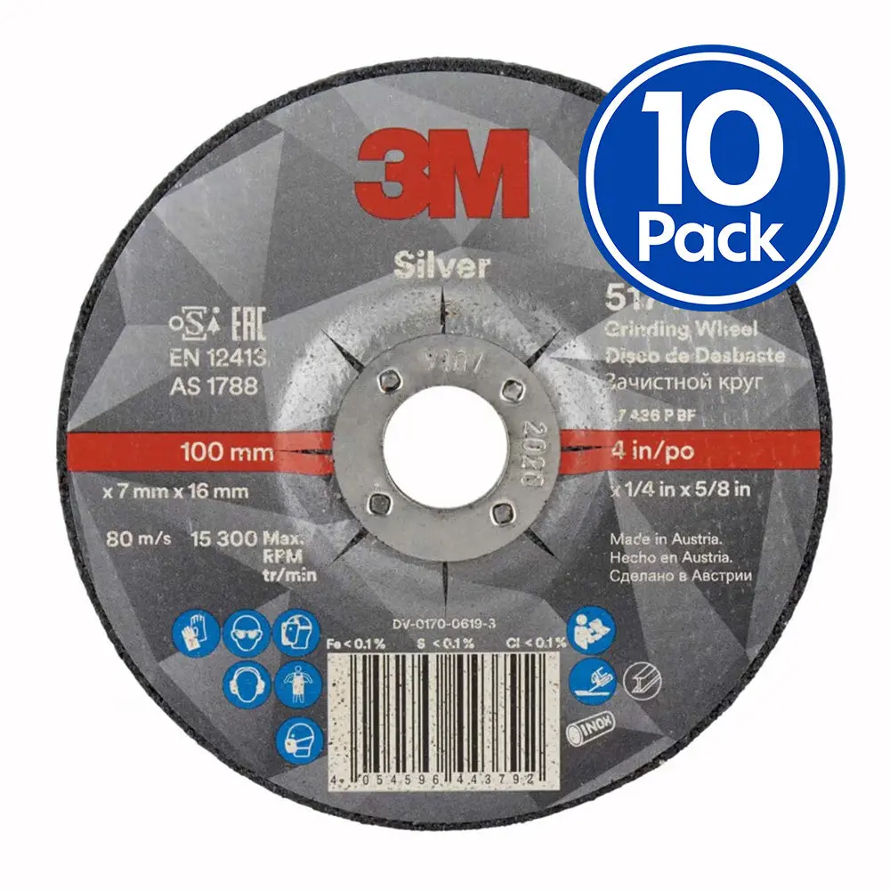 3M 51746 Silver Depressed Centre Grinding Wheel 100X7x16mm X 10 Pack 1