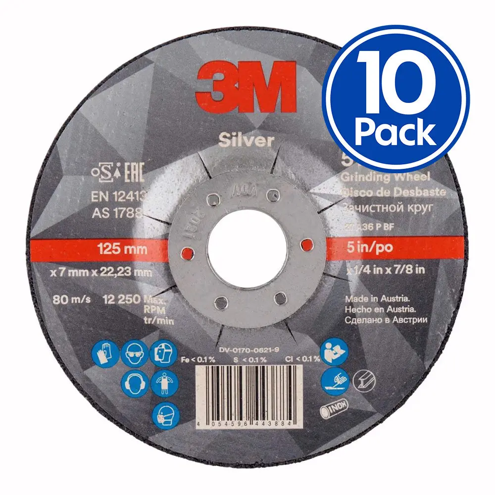3M 51748 Silver Depressed Centre Grinding Wheel 125X7x22mm X 10 Pack 1