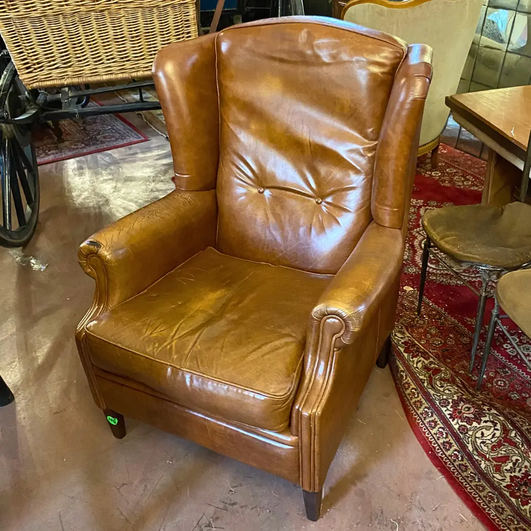 Vintage Tan Leather Wingback Chair - Sold 1
