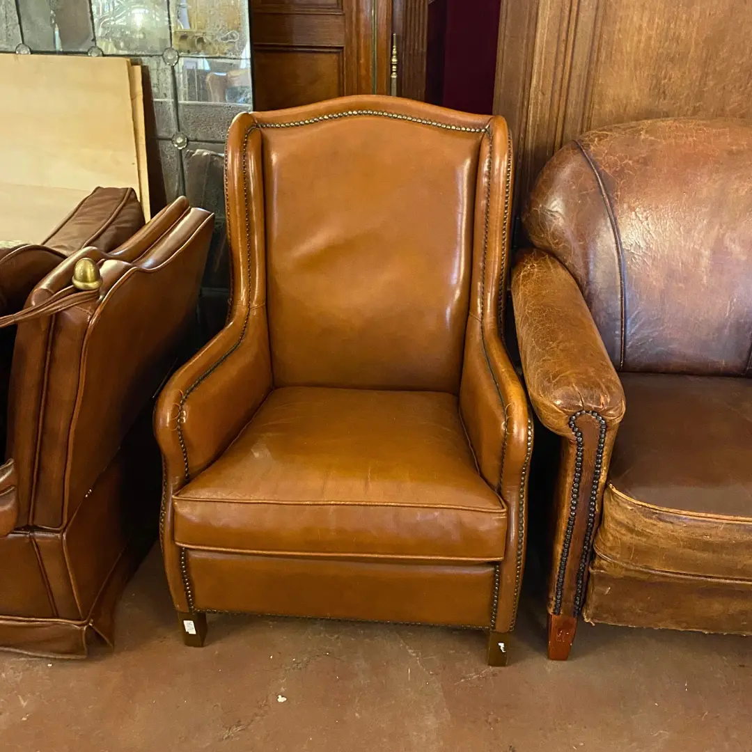 Vintage Tan Leather Armchair With Brass Studs - Sold 1