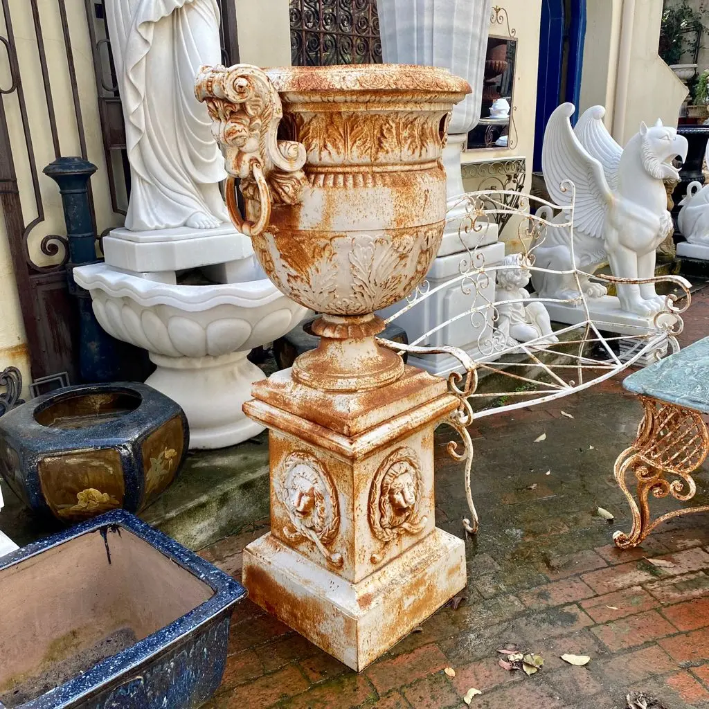 Cast Iron Urn On Plinth With Lion's Face - Sold 2