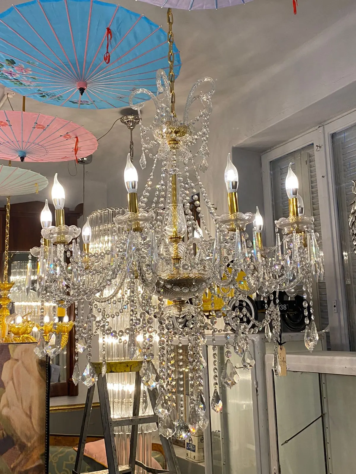 Beautiful Polished Brass & Glass Chandelier With Crystal Drops - Sold 1