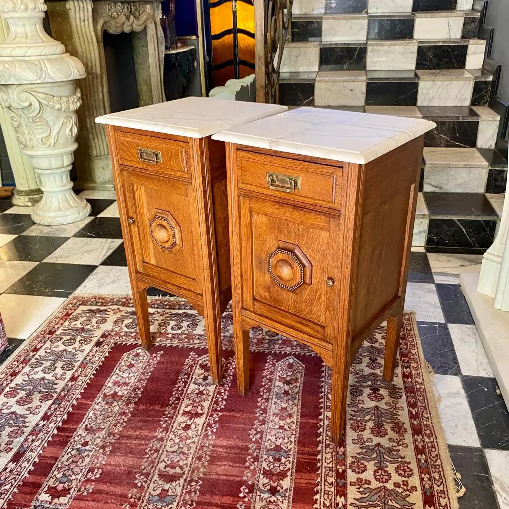 Antique Oak And Marble Bedside Pedestals - Sold 2