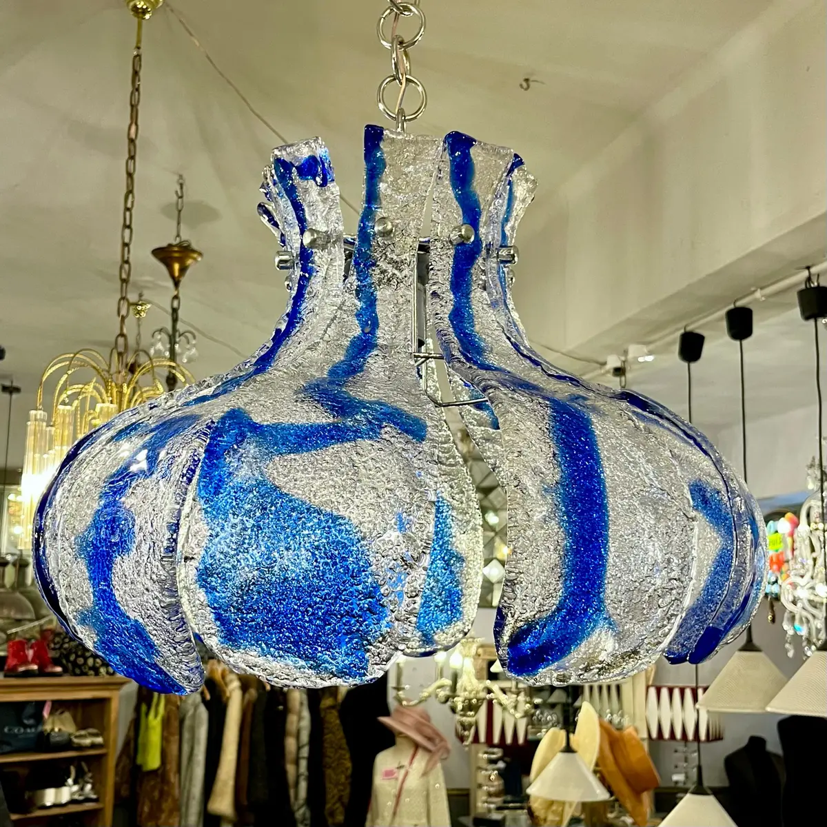 Av Mazzega Murano 'Ice Glass' Chandelier With Blue Swirl Panels, Circa 1970S 2