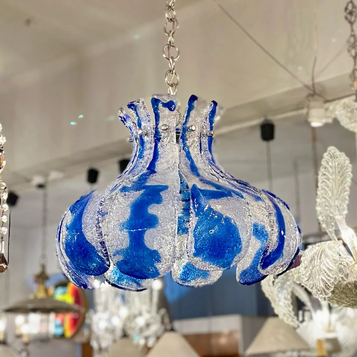 Av Mazzega Murano 'Ice Glass' Chandelier With Blue Swirl Panels, Circa 1970S 1