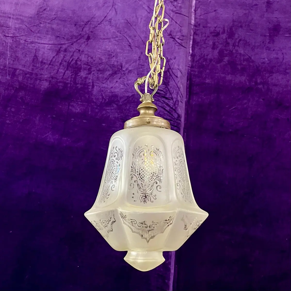 Antique Frosted Glass Pendant With Etched Design, C. 1920S 1