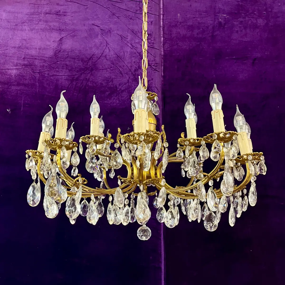 Antique Aged Brass And Crystal Chandelier - Sold 1