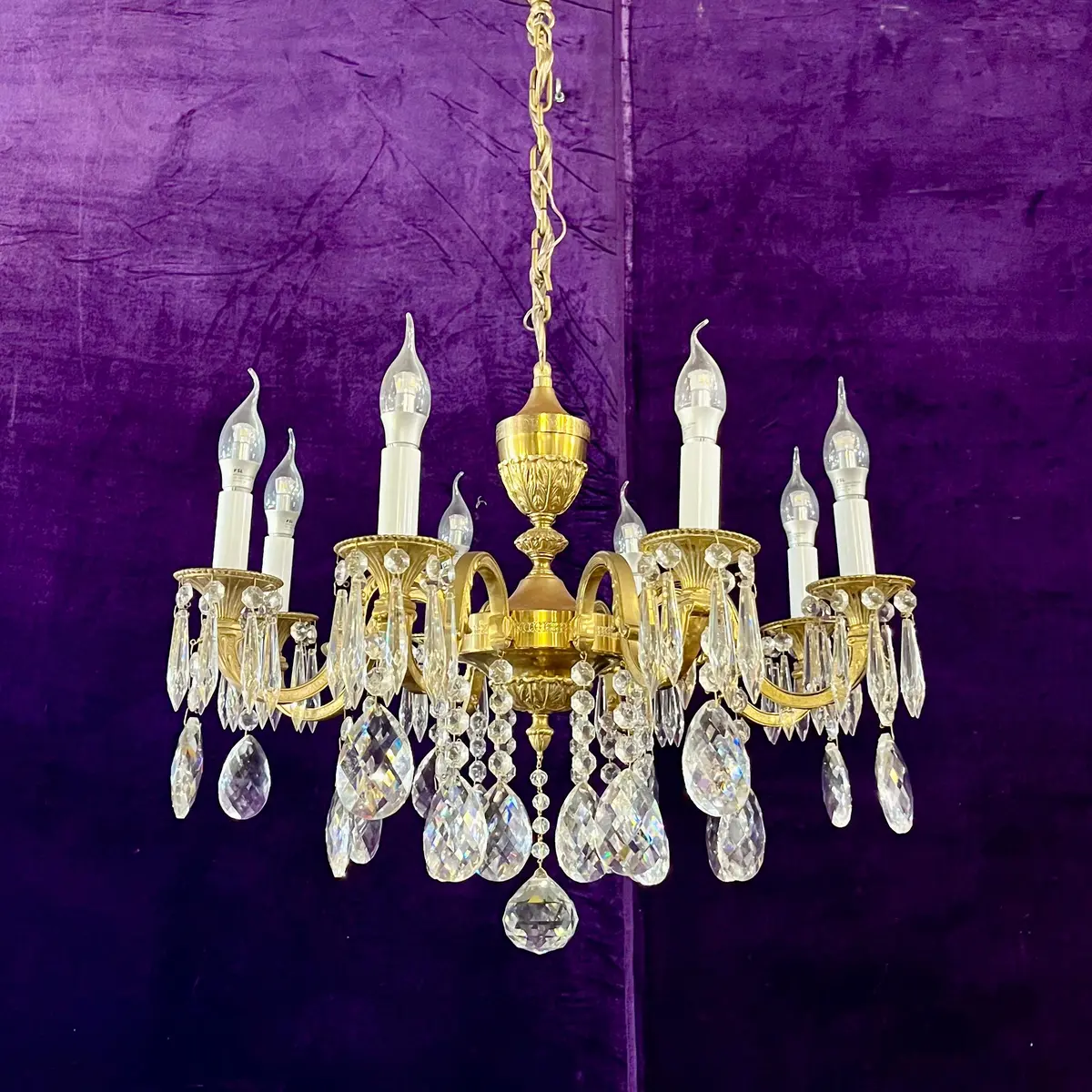 Antique Polished Brass And Crystal Chandelier, C. 20Th Century - Sold 1