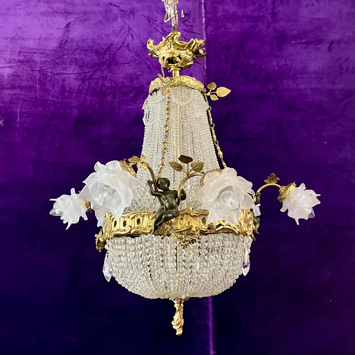 Elegant Neoclassical Chandelier With Cherubs And Frosted Rose Shades, C 1920 - Sold 1