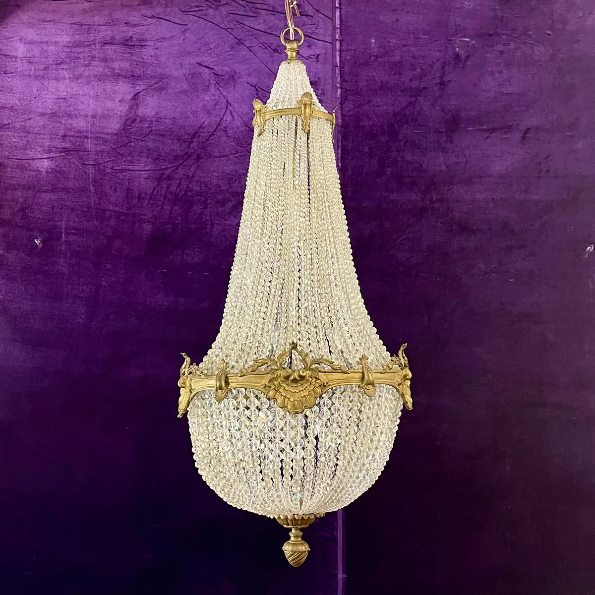 Rare Empire-Style Basket Chandelier With Cut Crystal And Gilded Brass, C. Late 19Th Century 1