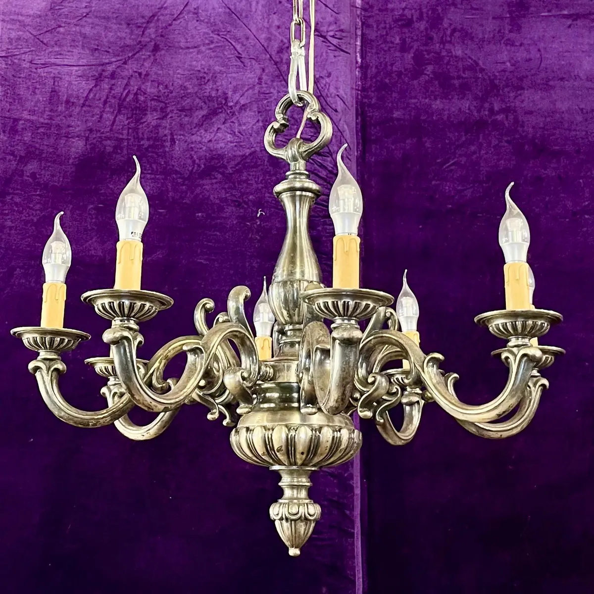 Antique Eight-Arm Silvered Brass Chandelier, France, Early 20Th Century 1