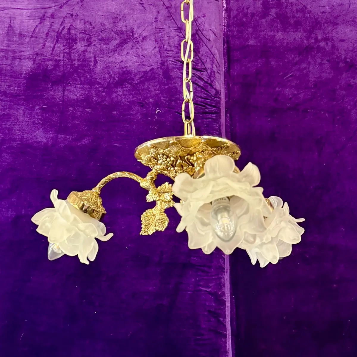 Cast Brass Three Arm Chandelier With Frosted Rose Globes - Sold 1