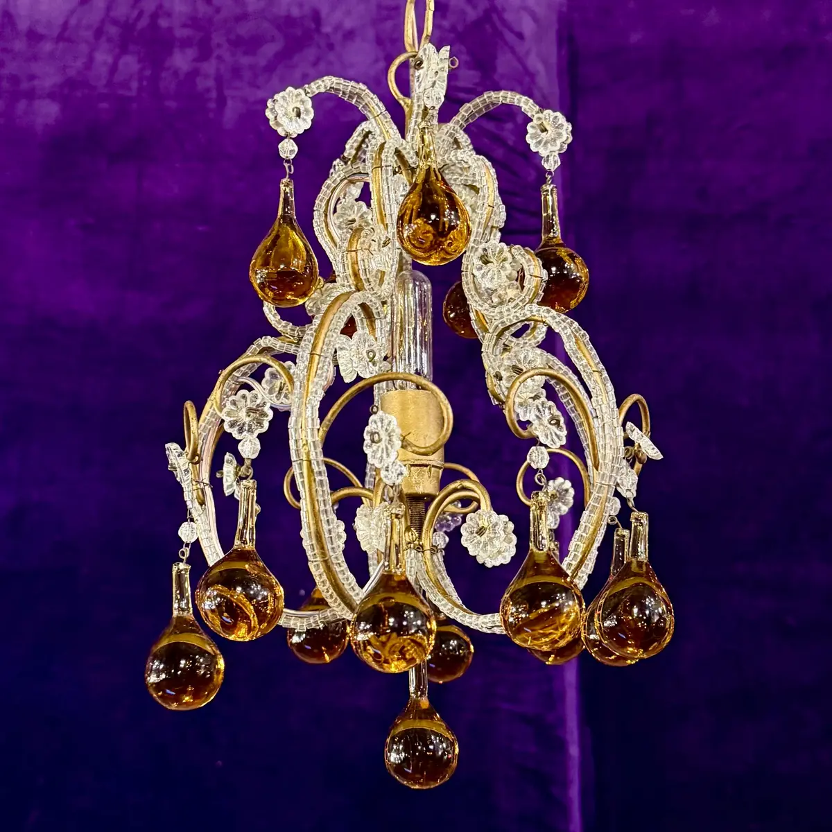 Cutest Mid-Century Italian Chandelier With Amber Drops And Macaroni Beading - Sold 1