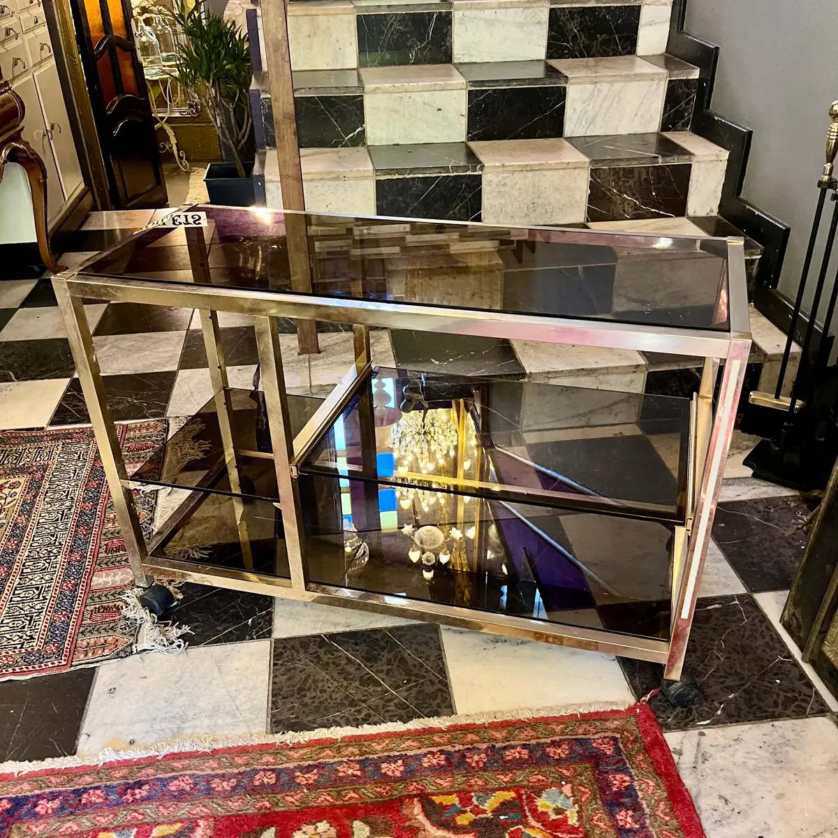Vintage Brass & Smoked Glass Bar Cart 1