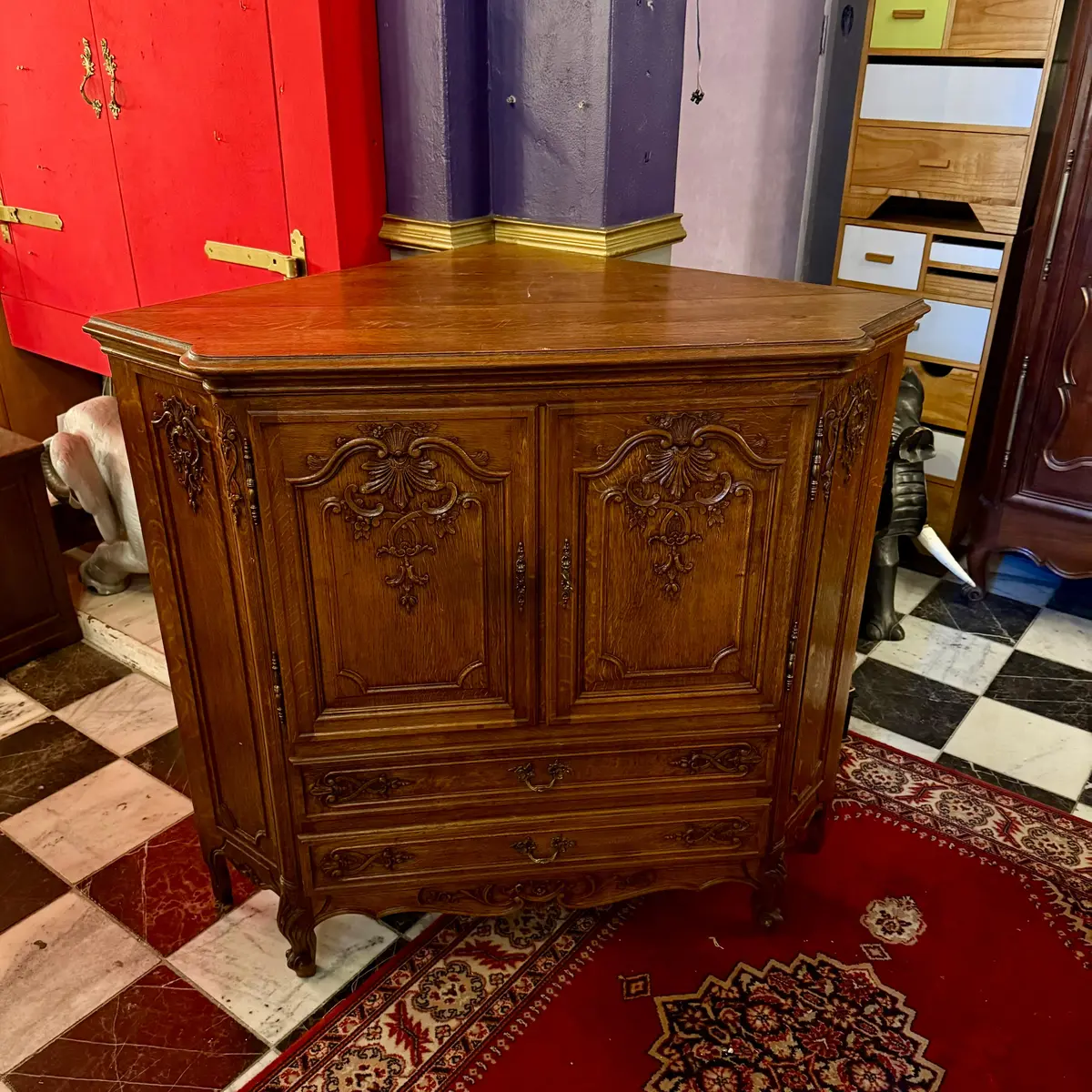Carved French Oak Corner Cabinet With Drop-Down Shelf, C. Early 20Th Century 1