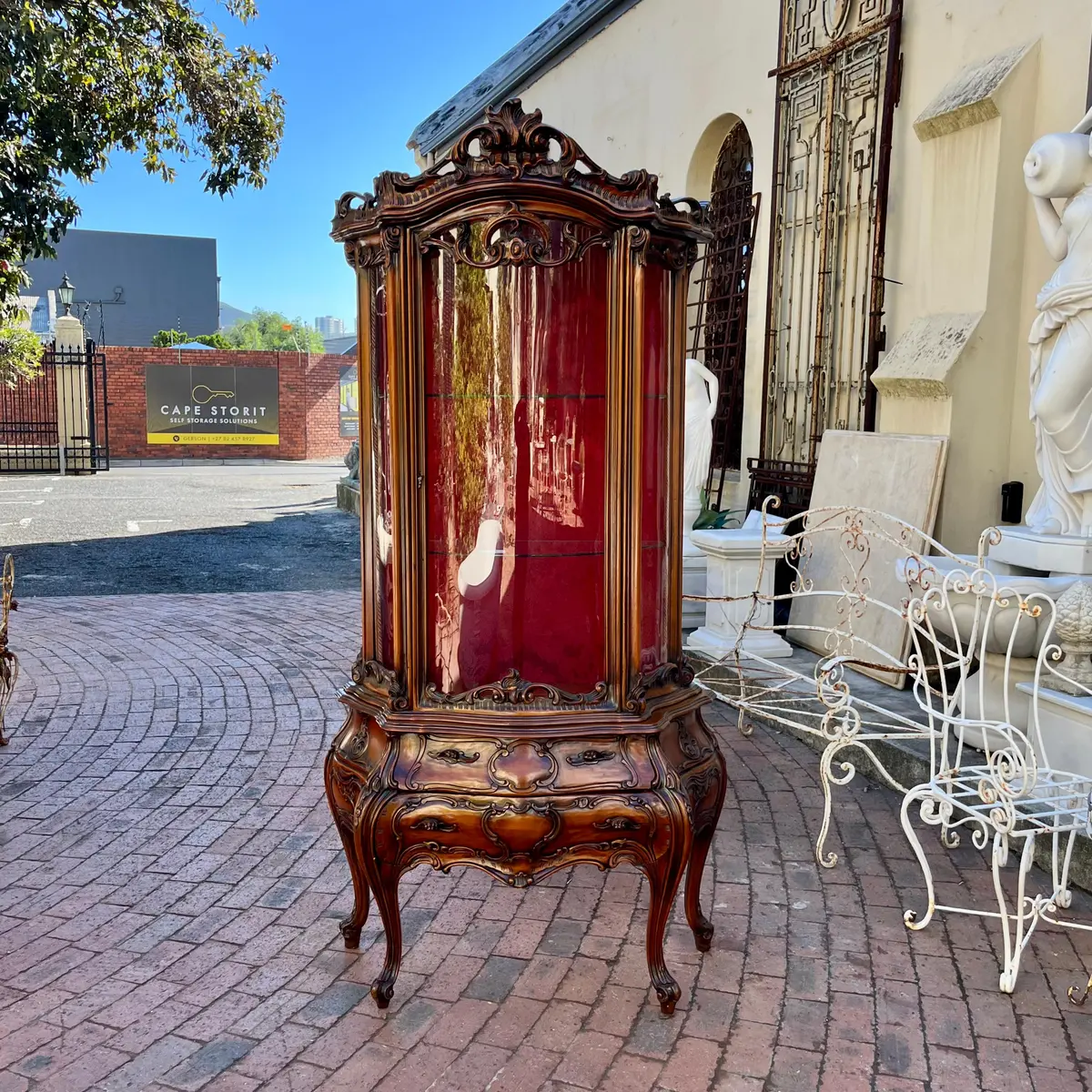 Tall Rococo Revival Display Cabinet With Red Damask Interior, C. Early 20Th Century 1