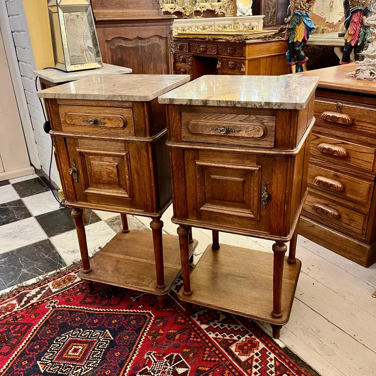Pair Of Oak Nightstands With Marble Tops, Late 19Th Century - Sold 1