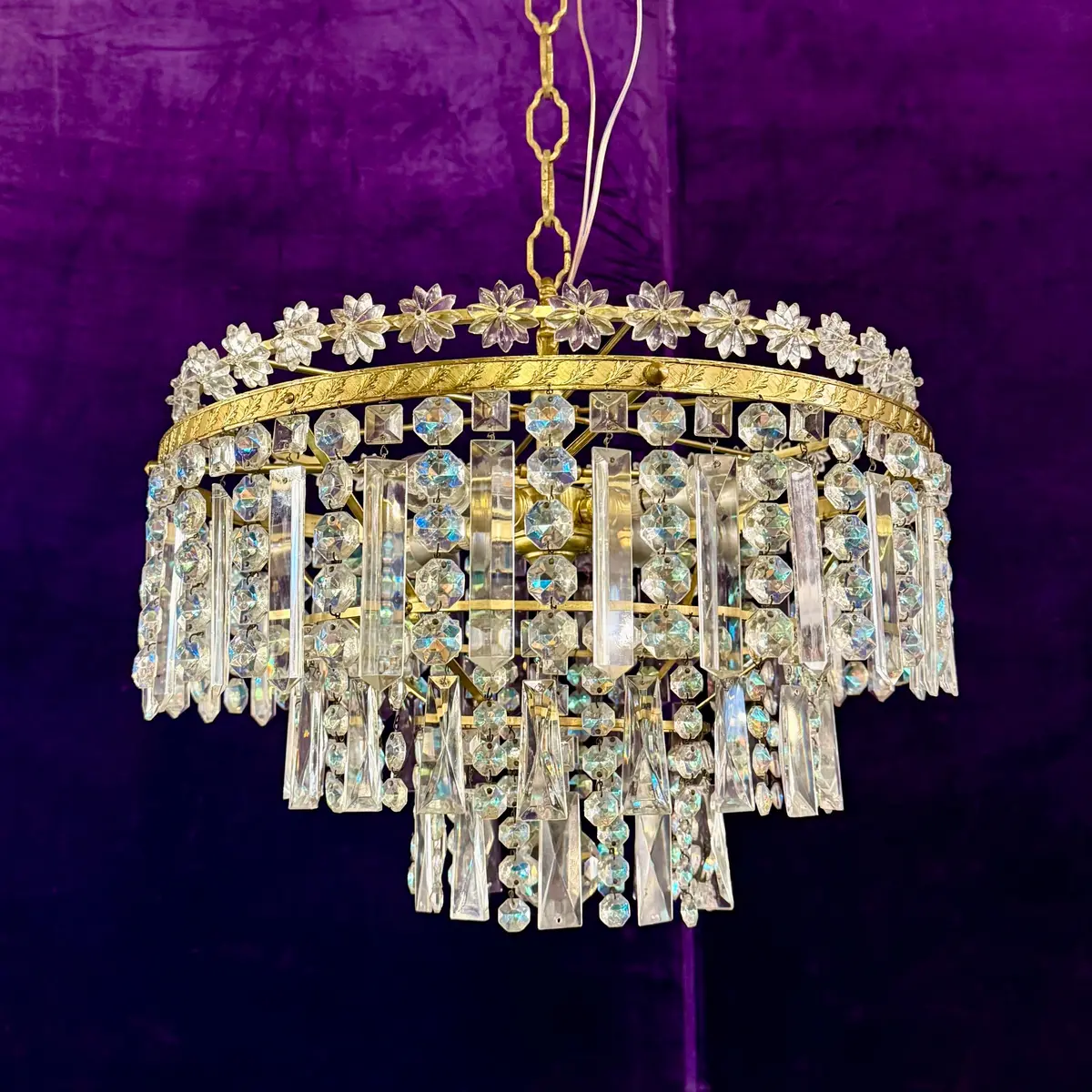 Vintage Crystal Chandelier With Floral Crown And Gilt Brass Frame, Italian, C. 1950S - Sold 1